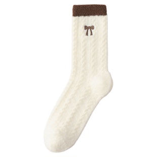 珊瑚绒袜子女秋冬毛绒保暖加厚居家地板袜蝴蝶结长筒毛毛中筒睡眠