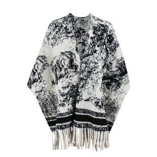 欧美复古水墨黑白花纹仿羊绒披肩女秋冬加厚保暖围巾外搭斗篷两用