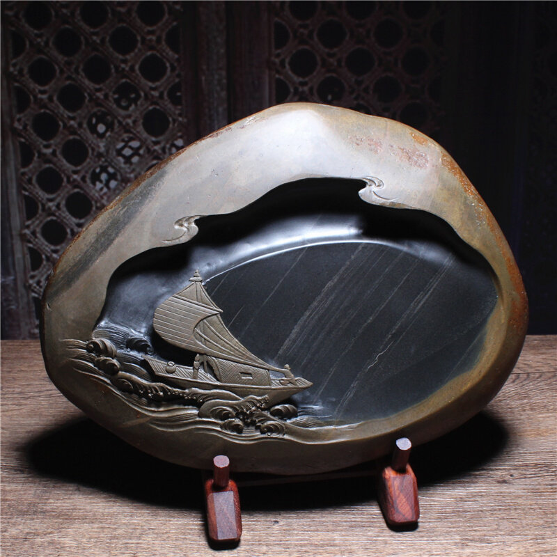 砚之魂安徽精品歙砚 原石砚台 非遗名师孤品 歙砚金皮籽料 乘风破