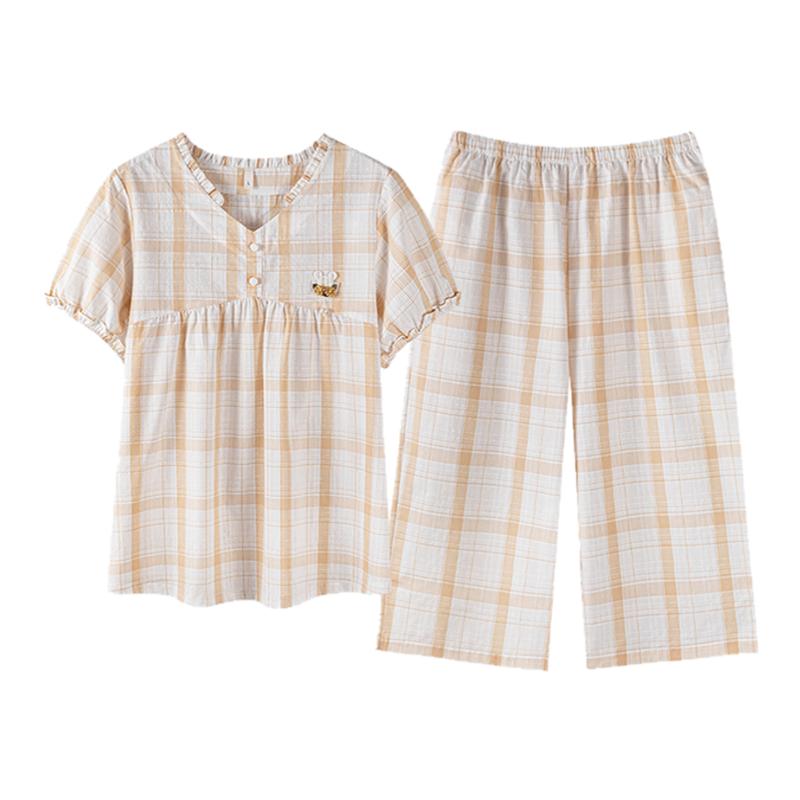 圆人睡衣女夏梭织纯棉短袖七分裤两件套夏季可外穿薄款家居服套装