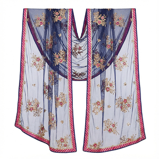 印度纱丽披肩女大纱巾印巴异域风金色网纱刺绣头纱围巾藏蓝