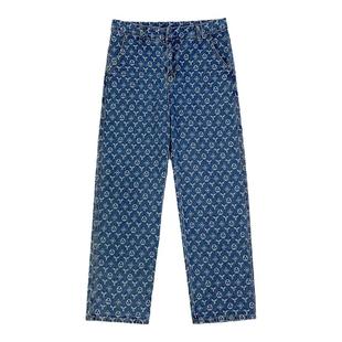 美式vibe风裤子高街潮ins设计感满印提花牛仔裤复古hiphop直筒裤