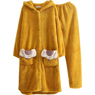 秋冬天冬季珊瑚绒睡衣女加厚加长款可爱睡袍长裤两用帽子家居服