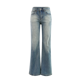 HHYB别来无恙 百搭水洗蓝做旧蓝色休闲中腰窄版直筒牛仔裤Q244316