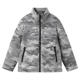 SprayGround鲨鱼嘴冬季迷彩等高线羽绒服男立领白鸭绒保暖外套潮