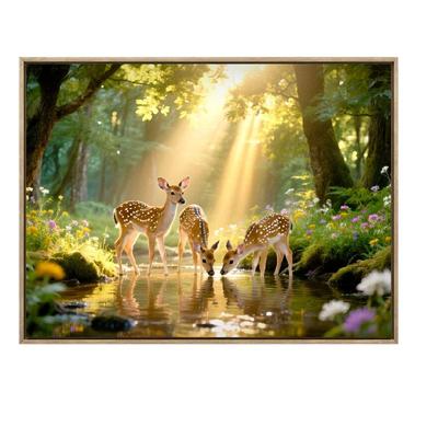 迎财接禄风水画森林小鹿客厅玄关挂画治愈系唯美风景画高级感有框