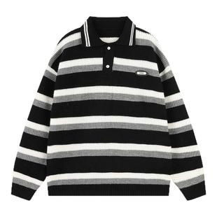 @港仔文艺男 Polo领条纹毛衣男秋冬青少年冬季男生翻领针织衫上衣