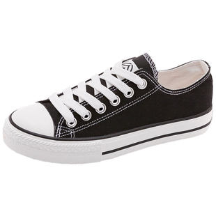 人本平底帆布鞋女款2026春季经典黑色百搭休闲鞋低帮布面透气板鞋