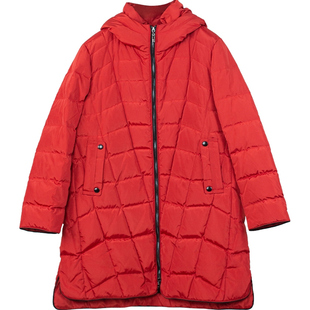 HONRN/红人红色连帽显瘦白鸭绒羽绒服外套女冬季中长款HG55YR027