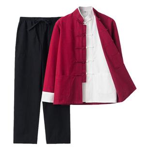 春秋款唐装男青年中国风纯棉三件套复古中式套装李小龙同款功夫衫