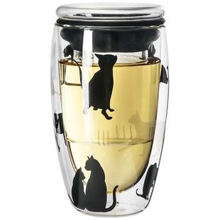 九土双层玻璃茶杯带盖茶滤玻璃杯加厚女用隔热泡茶猫杯办公室杯子