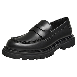 Tata他她商务休闲皮鞋男士一脚蹬真皮厚底增高男鞋加绒保暖德比鞋