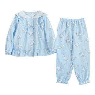 春夏儿童玉桂狗全棉双层纱布女童睡衣长袖长裤套装春秋纯棉家居服