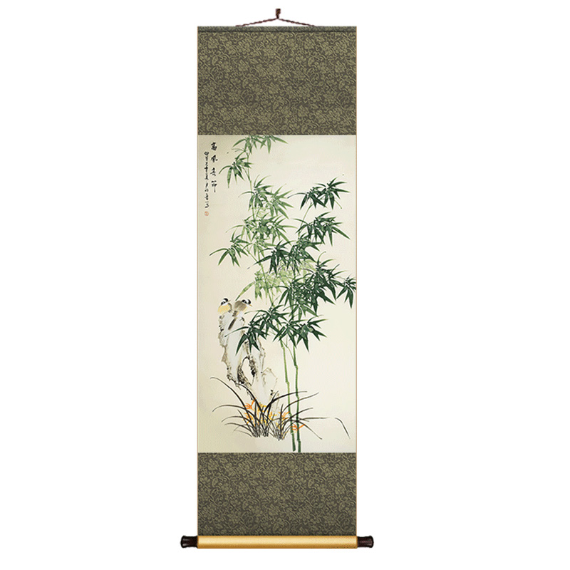 竹報(bào)平安新中式絲綢卷軸掛畫玄關(guān)走廊過道裝飾畫餐廳書房茶室壁畫
