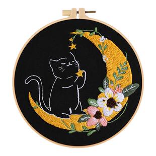 手工刺绣diy材料包 月夜黑猫欧式立体绣花绣品礼物挂画猫咪刺绣
