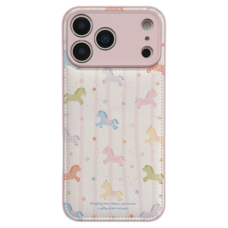 jze 皮质彩色条纹星星可爱小马适用苹果17ProMax手机壳iphone15新款16pro女13镜子支架15pro全包防摔保护套14