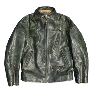 丛林绿色油蜡做旧小马皮真皮皮衣男立领帅气修身!电影毒-液同款