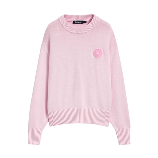 【保暖羊毛混纺】Desigual粉色宽松圆标女士毛衣