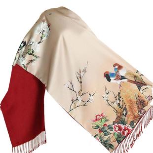 杭州丝绸桑蚕丝双层围巾女秋季真丝羊绒保暖长款外搭旗袍丝巾披肩