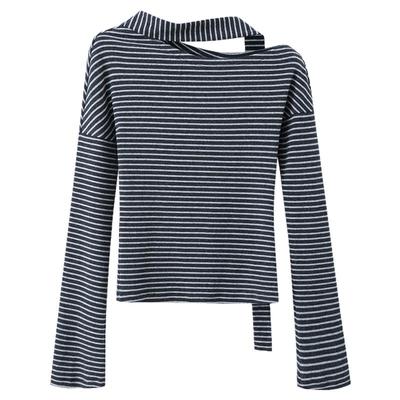 【清仓秒杀】秋韩系气质上衣小个子小众独特修身斜肩深灰条纹t恤