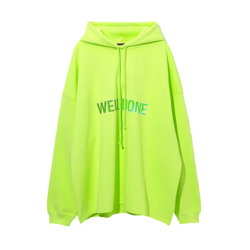 we11doneshark荧光绿baby同款渐变字母印花宽松重磅连帽卫衣男女