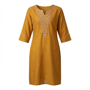 印度女装民族风格日常传统棉混纺中长款多色七分袖圆领刺绣上衣