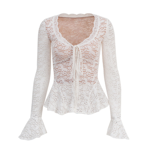 PynkiSwear 黑/白/红 大V领蕾丝镂空微透上衣女收腰性感弹力小衫