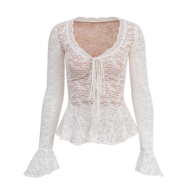 PynkiSwear 黑/白/红 大V领蕾丝镂空微透上衣女收腰性感弹力小衫
