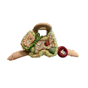 手工编织毛线花朵发夹女绿色蝴蝶结水钻发饰鲨鱼夹甜美半扎发夹