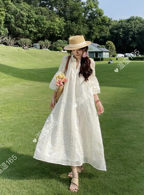 米白天丝法式气质镂空钩花连衣裙女夏2026新款优雅气质公主长裙