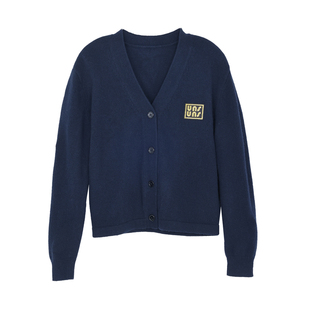 3S女装春季学院风V领针织开衫女深蓝色刺绣徽标羊毛外套老钱风