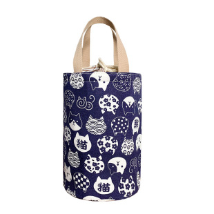 日式手提袋保温饭盒袋午餐包便当包帆布带饭学生圆桶保温桶圆形