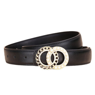 皮带女士真皮平滑扣腰带女装饰双圆环镶珍珠钻石简约百搭西装裤带