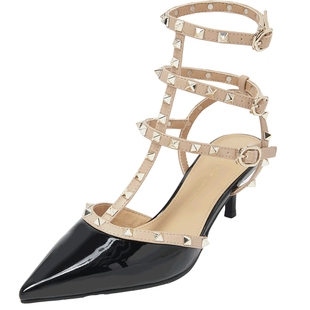 康莉真皮铆钉高跟鞋女2025夏季新款优雅气质性感凉鞋细跟尖头凉鞋