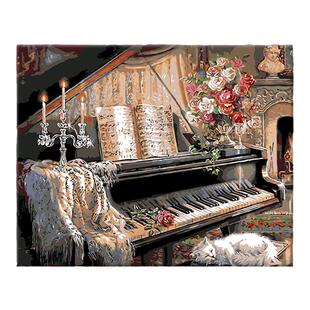 diy填充油画客厅装饰画手工水彩画填色涂色画解压数字画钢琴与猫