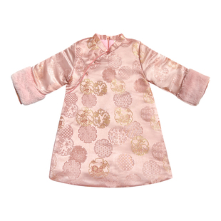 儿童旗袍女童秋冬季中国风夹棉长袍裙子小女孩粉色宽松过年服礼服