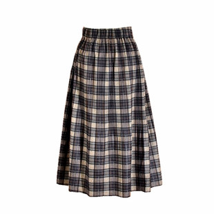 2025新款复古毛呢松紧腰百搭中长款百褶半身裙女秋冬季格子半裙子