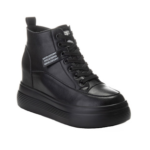 黑色牛皮高帮鞋女内增高8cm厚底加绒2025新款秋冬爆款休闲女鞋子