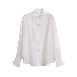 壹晓晓 【清仓7折】木耳边衬衫松紧袖女春秋立领灯笼袖上衣