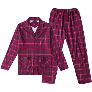 圆人男睡衣春秋季纯棉长袖红色本命年新款结婚开衫格子家居服套装