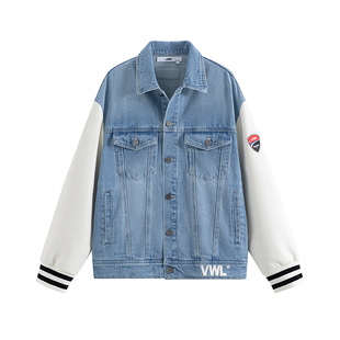 VWL拼接牛仔短外套春秋男女街头复古棋盘格印花上衣