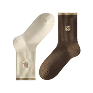 纯棉袜子女士中筒2025新款可爱小猫刺绣春秋季防臭学生运动无骨袜