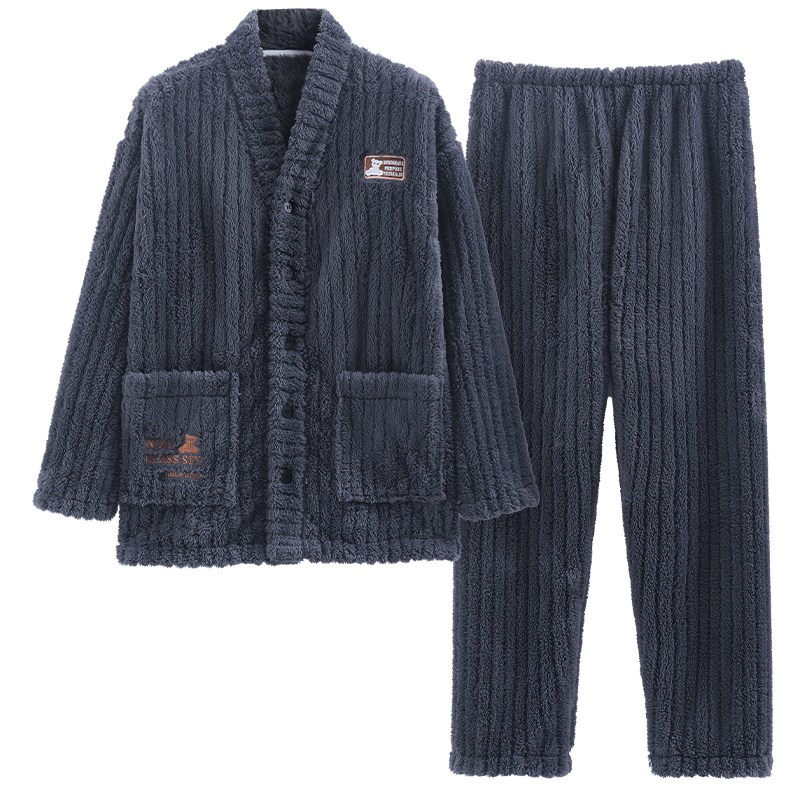 情侣法兰绒加厚加绒开衫家居服