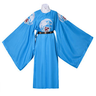 现货汉服男装唐朝官服复原圆领袍鹤绣花湖蓝色长袍公子古风中国风