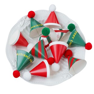 圣诞帽蛋糕装饰圣诞节复古风小帽子红绿迷你毛球纸帽节日甜品摆件