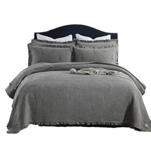 美式双面纯棉轻奢绣花绗缝被三件套全棉高级感床盖毯四季通用床单