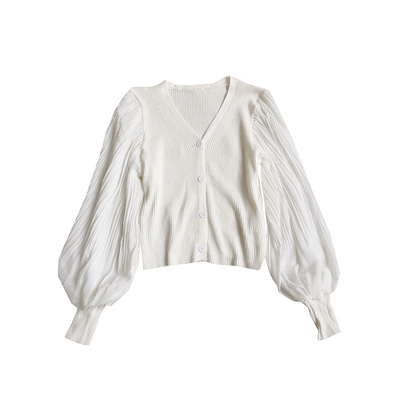 雪纺拼接针织打底衫v领针织排扣