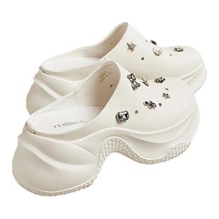 millies妙丽官方2026夏季新款真皮增高厚底包头拖鞋女外穿洞洞鞋