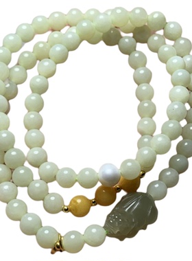 天然和田玉若羌黄口多圈貔貅手链88颗珠子蜜蜡卡6多圈手链毛衣链