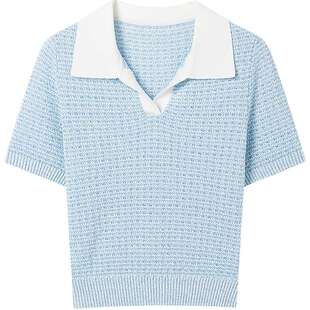 KBNE淡蓝色短袖针织衫POLO领欧若动感风新款气质修身撞色上衣女